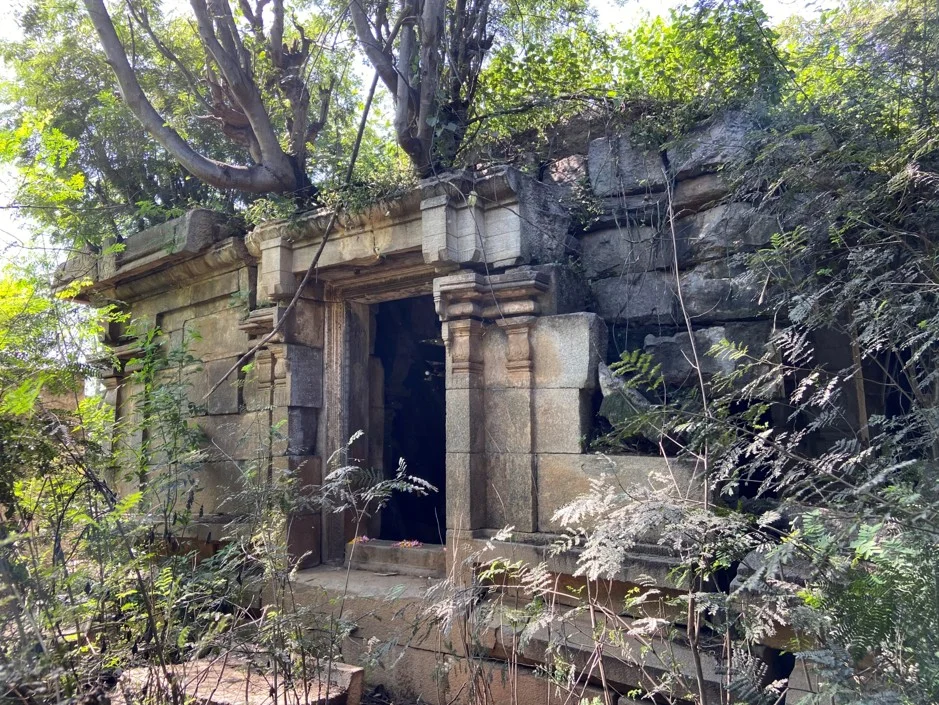 A heavily weathered, ancient stone doorway overgrown with trees and roots, leading into a dark interior.