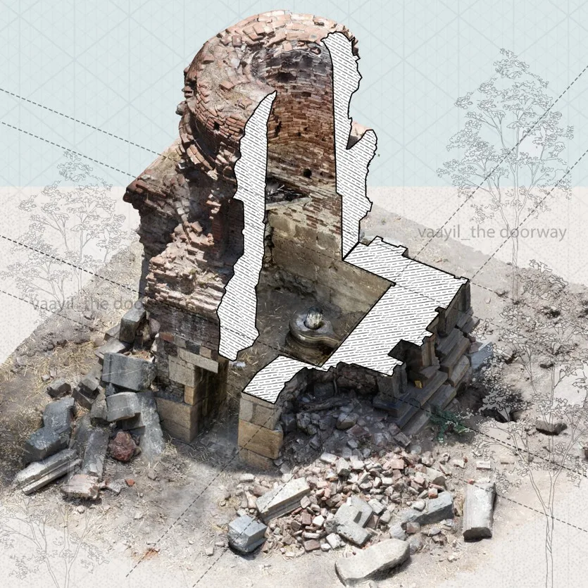 A 3D photogrammetry mesh of a ruined brick tower sliced to show interior volume.
