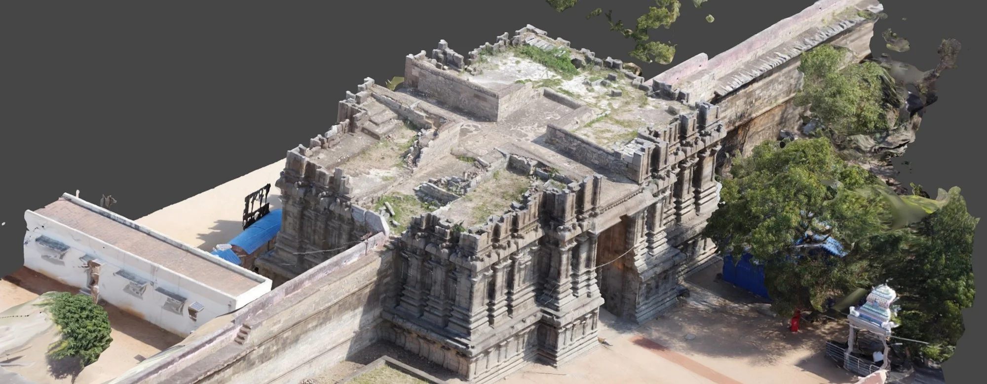 Photogrammetric 3D point cloud coordinate model of stone gopuram in digital space.
