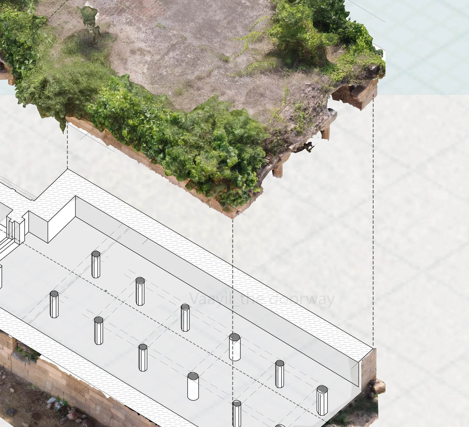 Detail of the Bhoodalur exploded axonometric: a photoreal, moss-covered roof plane above dashed projection lines, giving way to a mandapa drawn as white hatched geometry with round columns below.