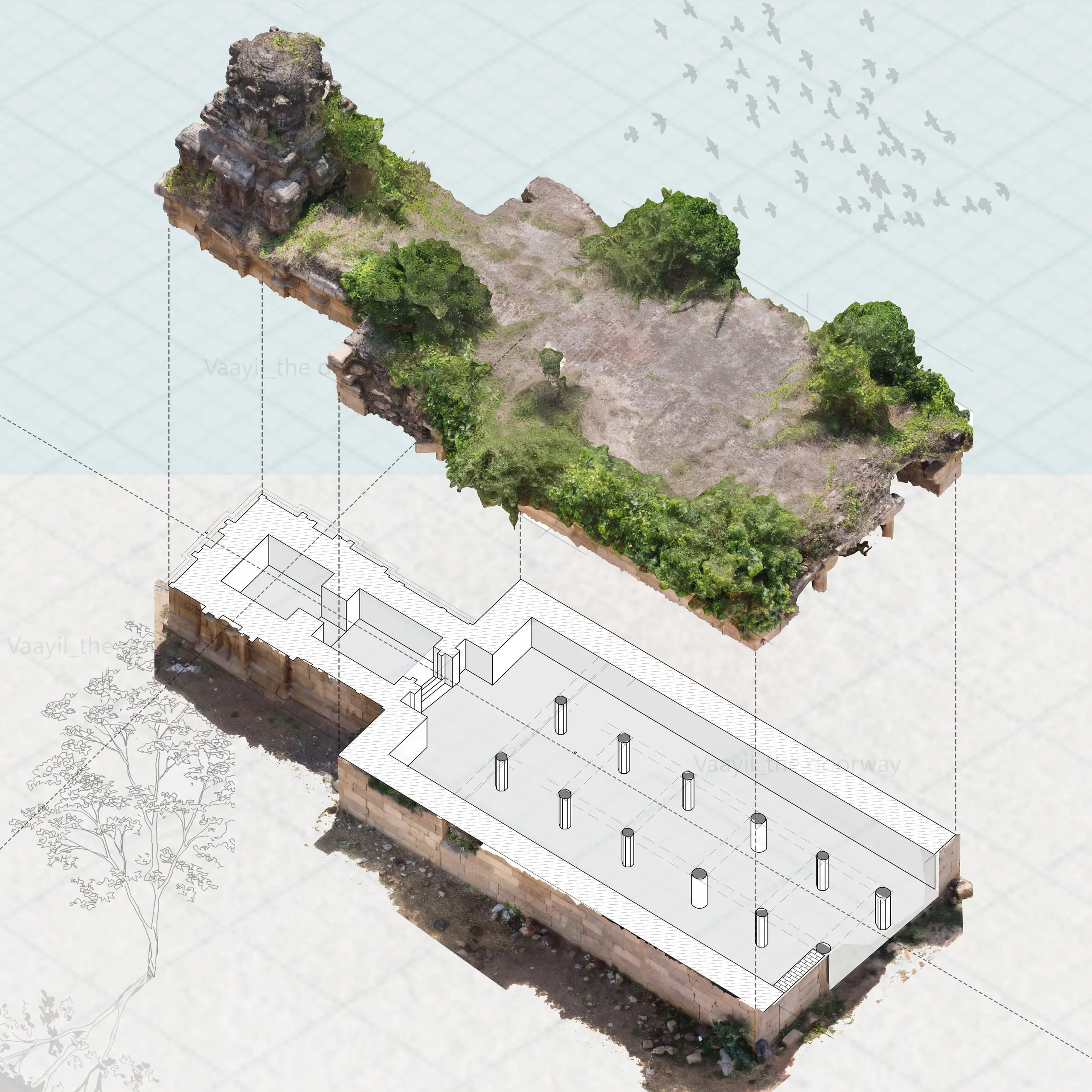 Exploded axonometric drawing of the Bhoodalur temple. The superstructure separated from the body with projection lines holding each layer in register, the cut plan filled with poché.