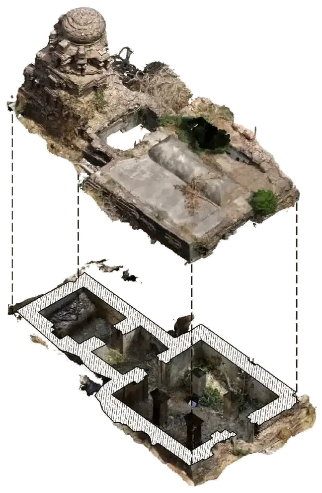A temple modelled from photographs, shown mid-explode: the superstructure lifted clear of the body, dashed projection lines holding the two in register and the cut through the plinth filled with architectural hatch.